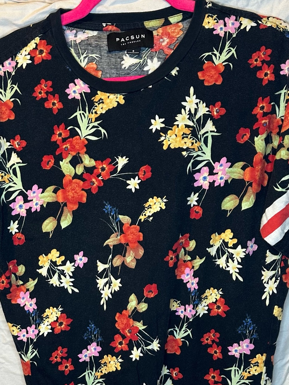 PacSun Black Floral Short Sleeve Tee with Red & Yellow Blooms